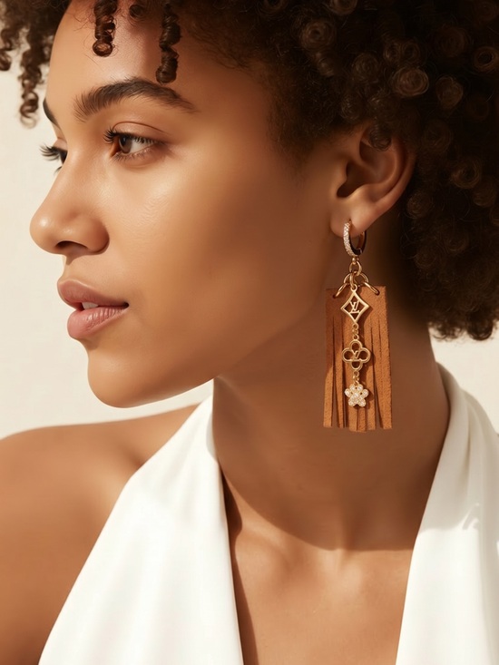 Jewelry - Gold & Tan Fringe Drop Earrings with Crystal Flower Charms